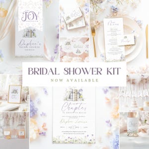 May include: A bridal shower kit with a book theme. The kit includes a banner, invitations, cupcake toppers, a menu, place cards, and a bottle label. The colors are purple, white, and green.