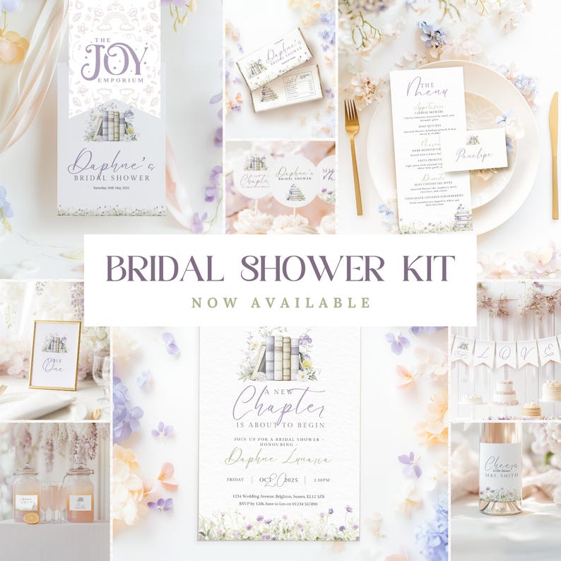 May include: A bridal shower kit with a book theme. The kit includes a banner, invitations, cupcake toppers, a menu, place cards, and a bottle label. The colors are purple, white, and green.