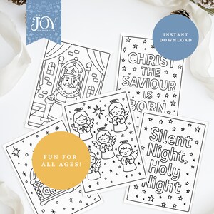 This Christian Christmas colouring set displays multiple Nativity colouring pages featuring angels, Bible verse designs, a wise king, and festive Christian artwork. Ideal for Sunday School crafts, Christmas activities for kids, religious colouring sessions, and Bible-based learning. A beautiful Nativity printable pack for creating meaningful holiday moments through faith-inspired art.