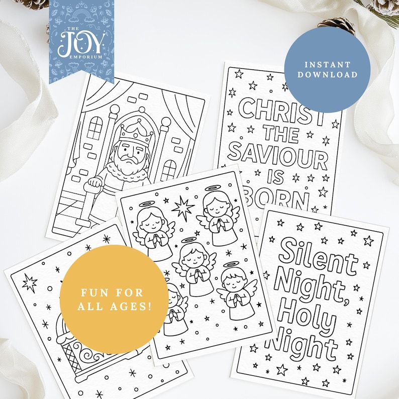 This Christian Christmas colouring set displays multiple Nativity colouring pages featuring angels, Bible verse designs, a wise king, and festive Christian artwork. Ideal for Sunday School crafts, Christmas activities for kids, religious colouring sessions, and Bible-based learning. A beautiful Nativity printable pack for creating meaningful holiday moments through faith-inspired art.