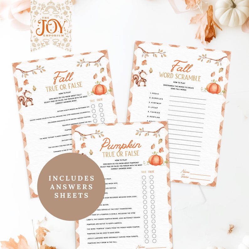 "Three printable fall trivia sheets titled Fall True or False, Pumpkin True or False, and Fall Word Scramble. Includes answer circles and blank lines for responses. Brown badge reads 'Includes Answers Sheets.'"
