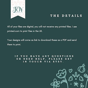 K&ouml;nnte beinhalten: Ein tealfarbener Hintergrund mit wei&szlig;em Text, der Details zu digitalen Dateien liefert. Die Dateien werden als PDF gesendet. Das Logo "The Joy Emporium" befindet sich oben links. Druck in Gro&szlig;britannien.