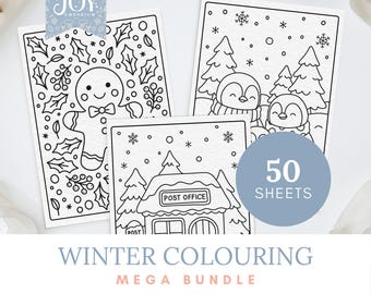 May include: A collection of winter-themed coloring pages featuring a gingerbread man, penguins, and a post office. The set includes 50 sheets. The text on the image reads "Winter Colouring Mega Bundle."