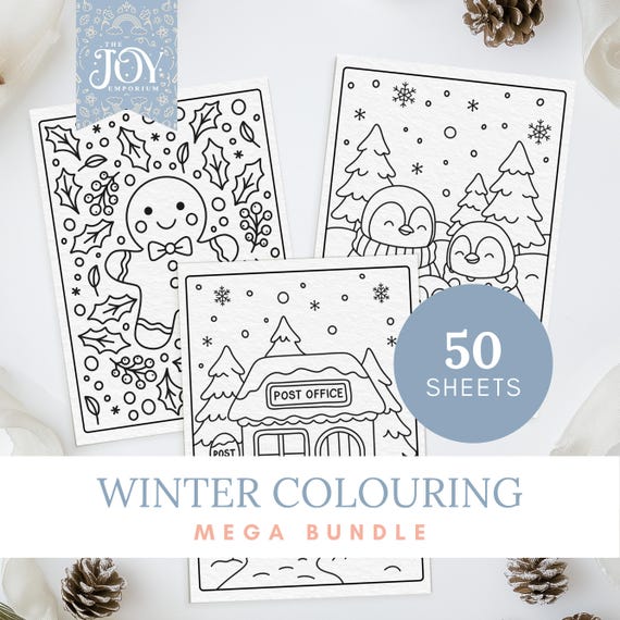 50 Winter Coloring Sheets, Printable Holiday Pages for Kids and Adults, Fun Digital Download Activity Book, Christmas Colouring Fun