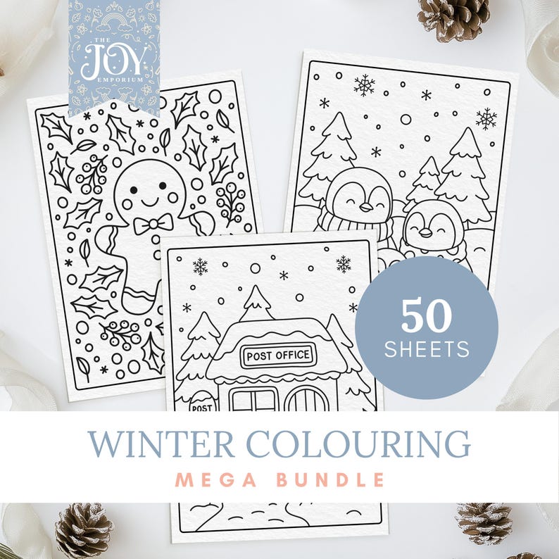 Winter colouring pages featuring a gingerbread man with holly, penguins in the snow, and a snowy post office. Perfect printable Christmas colouring sheets for kids and adults. Cozy winter colouring pages for holiday crafts, family fun, and festive creative activities.