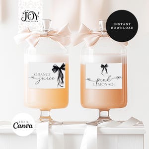 Può includere: Due dispenser per bevande in vetro con etichette. Il dispenser a sinistra ha un'etichetta che dice "Succo d'arancia" con un nastro nero. Il dispenser a destra ha un'etichetta che dice "Limonata rosa" con un nastro nero. Entrambi i dispenser hanno un nastro rosa legato intorno al collo.