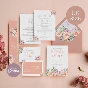 Pfirsich Floral Luxus Hochzeitseinladung Vorlagen - Pfingstrose A5 Weiß Lädt mit Umschlägen Liner, Antwortkarten, Bauchbänder - UK Größe - Canva