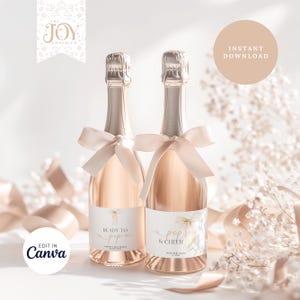 Pode incluir: Duas garrafas de champanhe com rótulos personalizados. Os rótulos são dourados e brancos com o texto "Ready to Pop" e "Pop & Cheer". As garrafas são amarradas com uma fita rosa e estão rodeadas de flores brancas.