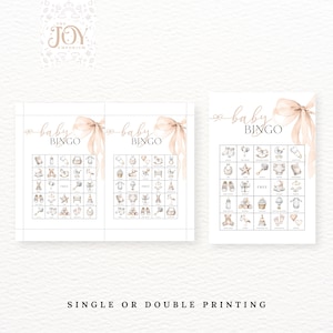 May include: Two printable baby bingo cards with a pink and white color scheme. The cards feature a variety of baby-related items, such as a rattle, a pacifier, a baby bottle, and a teddy bear. The text "baby bingo" is written in a cursive font at the top of each card.