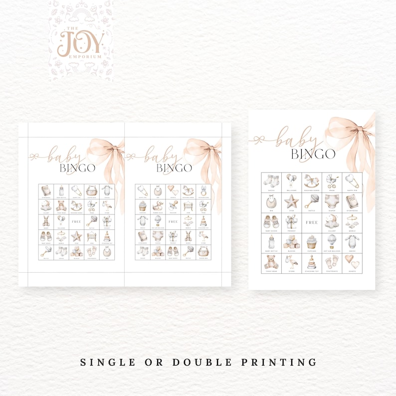 May include: Two printable baby bingo cards with a pink and white color scheme. The cards feature a variety of baby-related items, such as a rattle, a pacifier, a baby bottle, and a teddy bear. The text "baby bingo" is written in a cursive font at the top of each card.