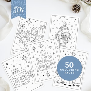 These Nativity Colouring Pages include Mary and Joseph traveling to Bethlehem, O Holy Night lettering, Christmas ornaments, and detailed Christian Christmas designs. Perfect for Christian colouring activities, Bible storytelling, Sunday School lessons, and Baby Jesus colouring crafts. A wonderful religious Christmas printable for kids and adults to enjoy together.
