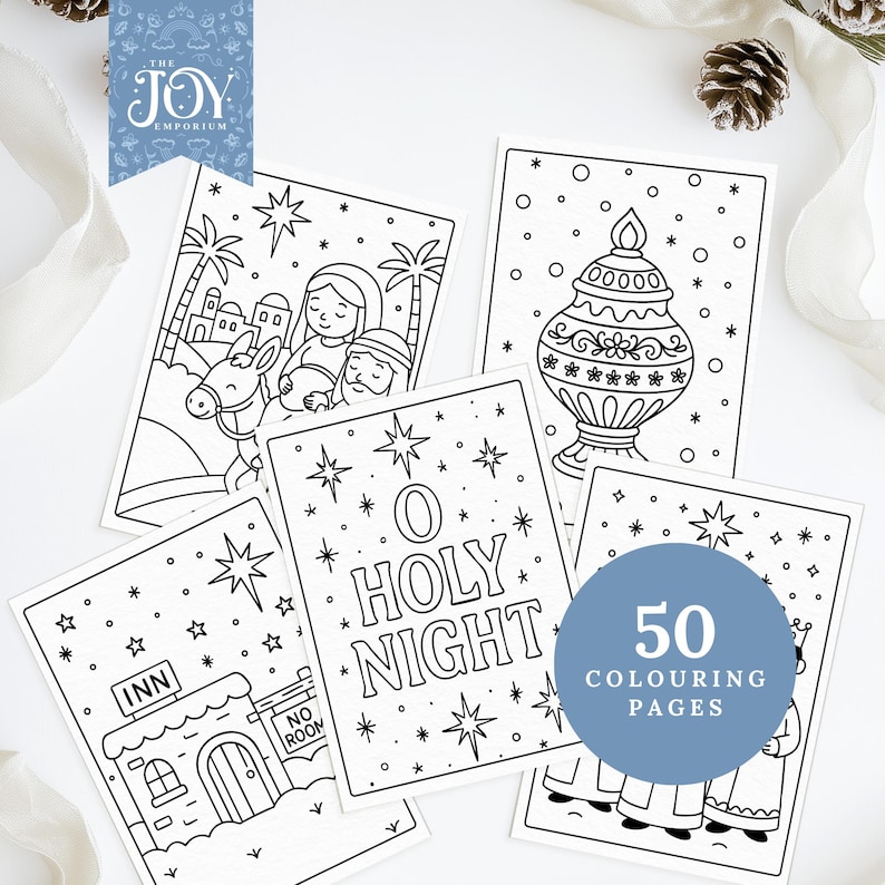 These Nativity Colouring Pages include Mary and Joseph traveling to Bethlehem, O Holy Night lettering, Christmas ornaments, and detailed Christian Christmas designs. Perfect for Christian colouring activities, Bible storytelling, Sunday School lessons, and Baby Jesus colouring crafts. A wonderful religious Christmas printable for kids and adults to enjoy together.