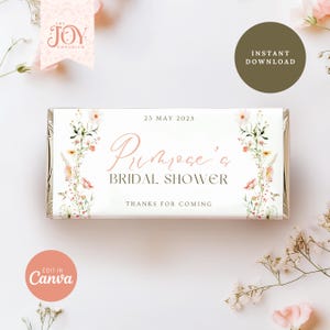 May include: A printable bridal shower favor tag with a floral design. The tag is white with a gold border and features the text "Primrose's Bridal Shower" and "Thanks for coming".