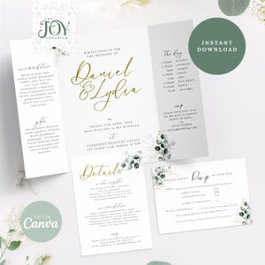 Greenery Gatefold Wedding Invitation | Chic Eucalyptus Design | Personalized Folded Card | RSVP and Details Included| Trifold Wedding Invite