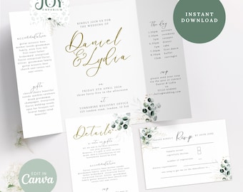 Greenery Gatefold Wedding Invitation | Chic Eucalyptus Design | Personalized Folded Card | RSVP and Details Included| Trifold Wedding Invite