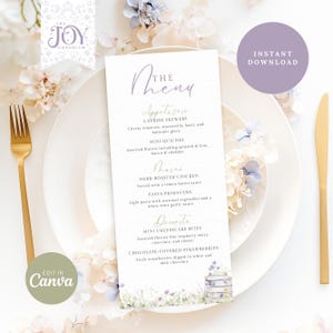 May include: A printable wedding menu template with a floral design. The menu includes appetizers, main courses, and desserts. The text on the menu is in a light purple font. The menu is titled "The Menu".