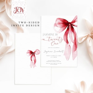 May include: A two-sided invitation with a watercolor illustration of a red bow. The text on the invitation reads "Jasmine is twenty one" and includes details for a birthday party.