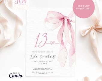 Coquette 13th Birthday Invitation | Pink Bow Template | Editable Digital Invite | Trendy Girl Birthday Party | Cute Girl Party Template