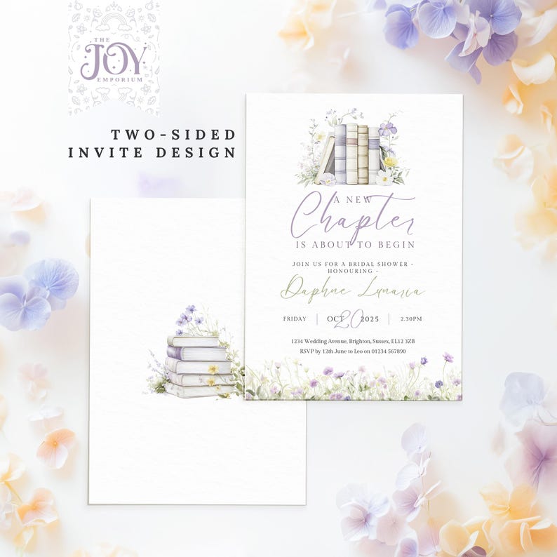 Invitation displayed on a table setting, floral bridal shower invitation design