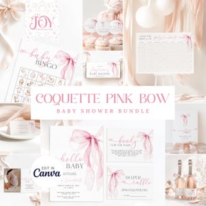 May include: A pink and white baby shower bundle featuring a watercolour pink bow design. The bundle includes a baby bingo card, a baby shower invitation, a diaper raffle card, a books for the baby card, and a guess the arrival of baby chart.