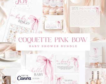 Pink Bow Baby Shower Bundle | Editable Template | Elegant Baby Shower Decor | Instant Download | Baby Girl Shower | Coquette Design