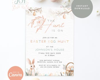 Easter Egg Hunt Invitation | Editable Template | Digital Download | Cute Bunnies and Eggs | Easter Party Invite | Printable Invitation
