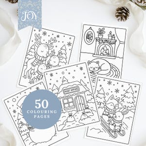 Printable winter colouring pages with reindeer family, fireplace with cat, snowy post office, and sledding animals. Cute Christmas colouring sheets for adults and kids, perfect for festive crafts, holiday colouring, and winter relaxation.