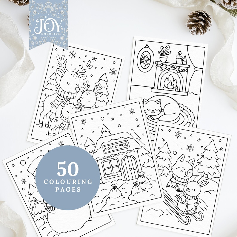 Printable winter colouring pages with reindeer family, fireplace with cat, snowy post office, and sledding animals. Cute Christmas colouring sheets for adults and kids, perfect for festive crafts, holiday colouring, and winter relaxation.