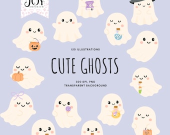 Ghost kawaii-clipartbundel – Leuke Halloween-png-ontwerpen voor sublimatie, spookachtige digitale kunst voor kinderen en ambachten