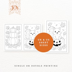 Set of printable Halloween and fall coloring sheets featuring a tall pumpkin stack, a squirrel sitting on a jack-o-lantern, and falling leaves. Includes UK and US sizes for easy home printing, part of a 50-page fall coloring bundle for kids and adults to enjoy during autumn celebrations.