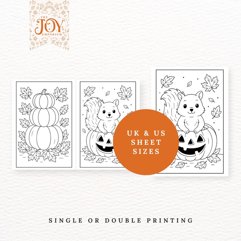 Set of printable Halloween and fall coloring sheets featuring a tall pumpkin stack, a squirrel sitting on a jack-o-lantern, and falling leaves. Includes UK and US sizes for easy home printing, part of a 50-page fall coloring bundle for kids and adults to enjoy during autumn celebrations.