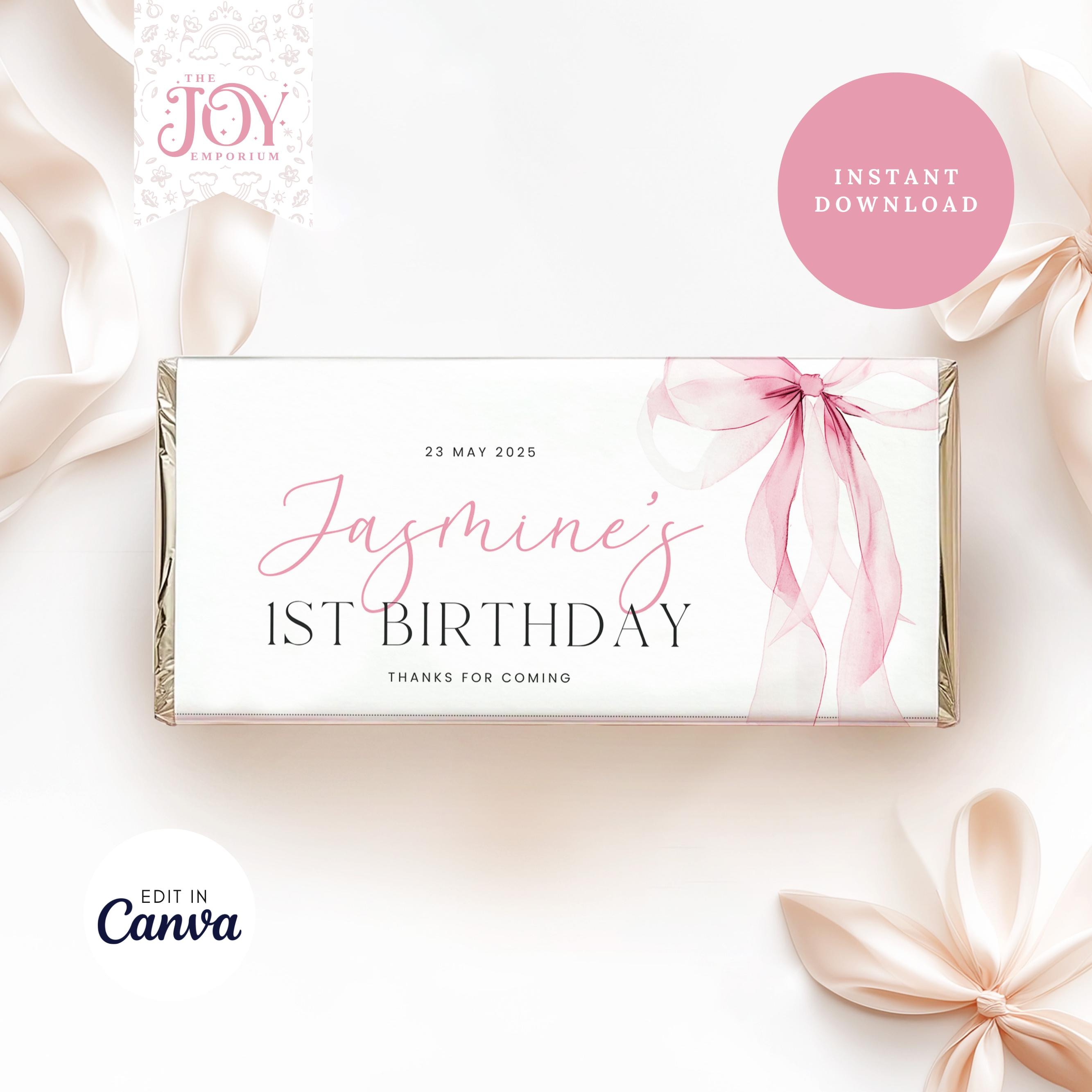 Pink Bow Chocolate Bar Wrapper Template | Editable Candy Bar Labels | Instant Download | Birthday Party Favors | 1st Birthday Decorations
