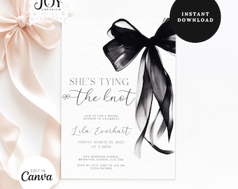 She's Tying the Knot Black Bow Invitation Template | Editable Bridal Shower Invite | Wedding Card | Bachelorette Party Invite
