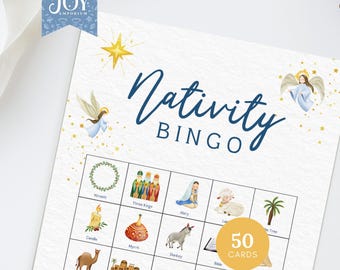 Jeu de bingo de la Nativité | 50 cartes imprimables | de Noël de Noël | Fêtes de Noël | Jeu imprimable pour enfant | Activité familiale amusante