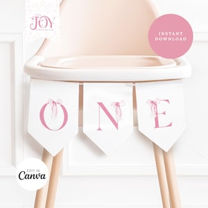 One Bow Highchair Banner | Pink Bow Birthday Banner | First Birthday Party Decor | Customizable Party Supplies | Printable Banner