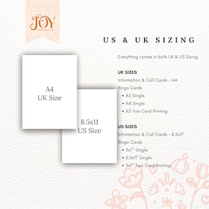 K&ouml;nnte beinhalten: Wei&szlig;e Papierkarten mit den Gr&ouml;&szlig;enangaben "A4 UK Size" und "8,5x11 US Size" mit Text, der die britischen und US-amerikanischen Gr&ouml;&szlig;enoptionen f&uuml;r Informationskarten und Bingokarten detailliert. Das Logo "The Joy Emporium" befindet sich oben links.
