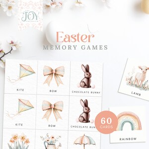 May include: A set of 60 Easter memory game cards featuring illustrations of a kite, bow, chocolate bunny, lamb, and rainbow. The cards are printed on white cardstock with a light pink border.
