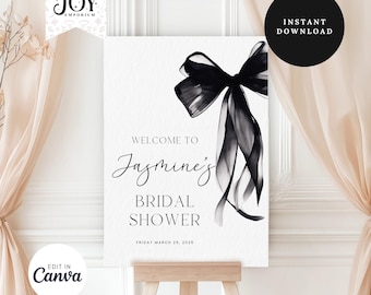 Black Bow Bridal Shower Welcome Sign | Editable Template for Modern Decor | Printable Party Sign for Celebrations | Bridal Events Sign