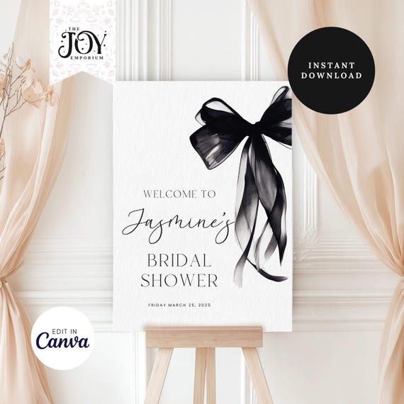 Black Bow Bridal Shower Welcome Sign | Editable Template for Modern Decor | Printable Party Sign for Celebrations | Bridal Events Sign