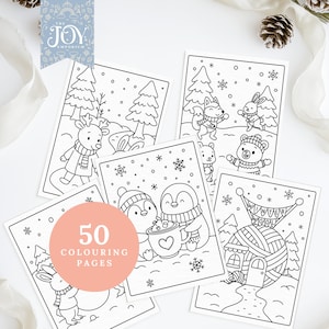 Puede incluir: Un conjunto de 50 p&aacute;ginas para colorear con ilustraciones de tem&aacute;tica invernal. Los dibujos en blanco y negro incluyen animales como renos, zorros y ping&uuml;inos, junto con escenas de invierno y copos de nieve. El logotipo de The Joy Emporium es visible.