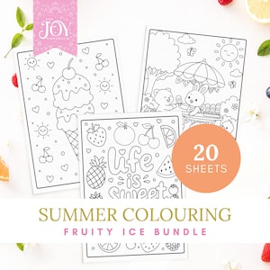 Puede incluir: Tres hojas para colorear blancas con dibujos de líneas negras de temas veraniegos que incluyen un helado, un conejo y un oso bajo una sombrilla, y frutas con el texto Life is Sweet. Un logo rosa dice The Joy Emporium y un círculo 20 Sheets.
