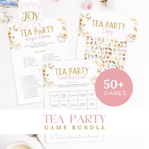 Könnte beinhalten: Ein Tee-Party-Spielpaket mit über 50 Spielen. Das Paket enthält druckbare Spiele wie "Royal Names", "I Spy" und "Find the Guest". Die Spiele zeigen Blumen- und Schmetterlingsillustrationen mit Text in Gold und Rosa.