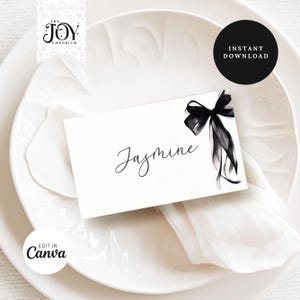 Plaatskaarten met zwarte strik | Elegante bewerkbare sjabloon voor bruiloften | Afdrukbare naamkaartjes | Modern tafeldecor | Afdrukbaar voor vrijgezellenfeest