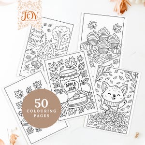 Assorted fall coloring pages featuring scenes like a fall forest campfire, apple jam with pie, pumpkin cupcakes, and a fox playing in a pile of autumn leaves. Includes 50 printable coloring sheets, ideal for cozy fall evenings, Thanksgiving kids activities, and relaxing coloring time for adults.