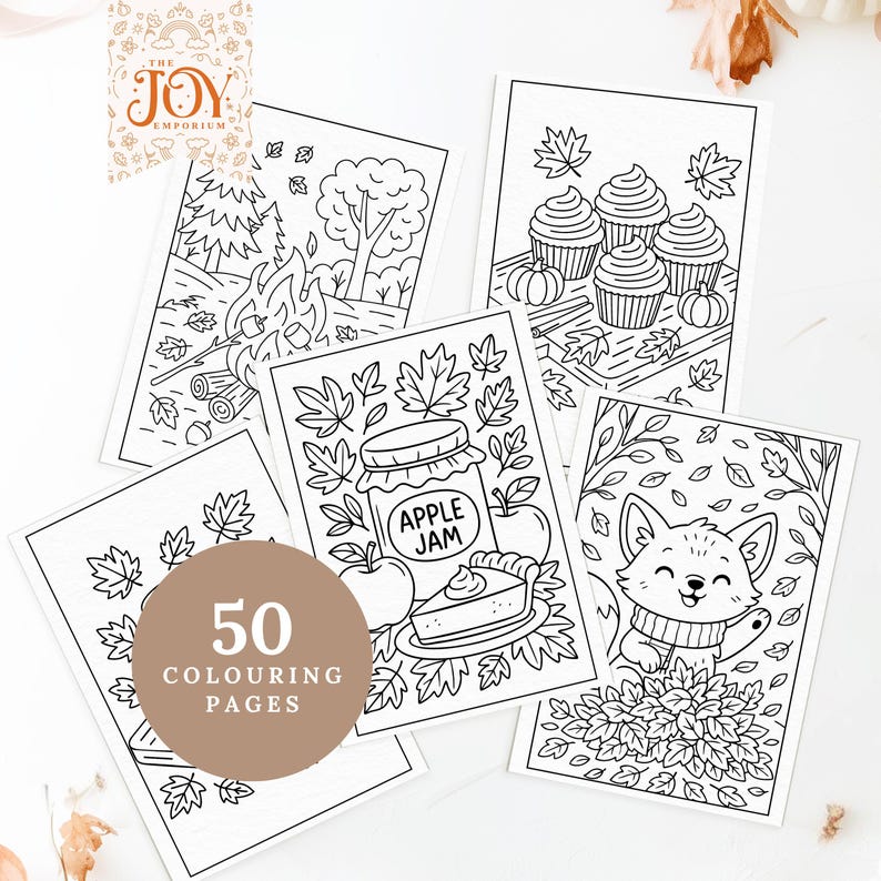 Assorted fall coloring pages featuring scenes like a fall forest campfire, apple jam with pie, pumpkin cupcakes, and a fox playing in a pile of autumn leaves. Includes 50 printable coloring sheets, ideal for cozy fall evenings, Thanksgiving kids activities, and relaxing coloring time for adults.