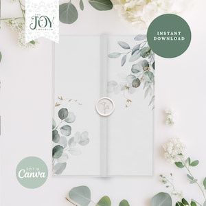 Peut inclure: Une invitation de mariage blanche avec un motif aquarelle de feuilles d'eucalyptus et des accents dorés. L'invitation est pliée en deux et comporte un sceau de cire sur le devant. Le texte "INSTANT DOWNLOAD" est visible dans le coin supérieur droit.