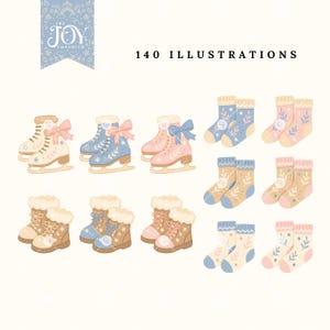 Winter clothing clipart bundle with ice skates, fur-lined boots, and patterned socks in watercolor pastel tones. Cozy Winter PNGs ideal for Christmas cards, crafts, and digital artwork.