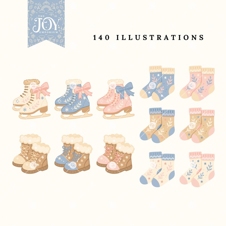 Winter clothing clipart bundle with ice skates, fur-lined boots, and patterned socks in watercolor pastel tones. Cozy Winter PNGs ideal for Christmas cards, crafts, and digital artwork.