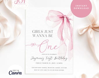 Las niñas solo quieren tener UN año / Invitación de cumpleaños con lazo rosa / Plantilla editable / Cumpleaños con lazo rosa coqueto / Invitación para el primer cumpleaños de una niña