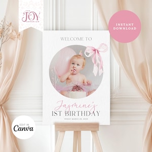 Pink Bow Welcome Sign | 1st Birthday Girl | Printable Template | Coquette Party Decorations | Welcome Photo Sign | 1st Birthday Welcome